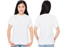 vistas frontal e traseira de uma jovem mulher coreana em uma camiseta elegante em fundo branco. maquete para menina asiática foto
