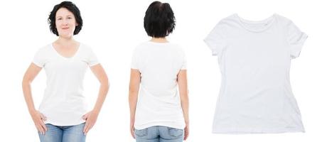 vistas frontal e traseira da mulher de meia-idade em uma camiseta elegante em fundo branco. mock up para design, espaço de cópia, modelo, em branco foto