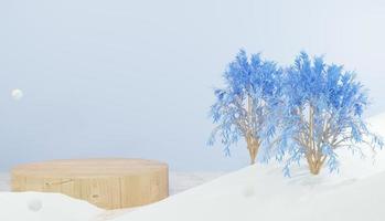 3d renderização de pódio de madeira vazio e árvores cercadas por neve, tema de inverno foto