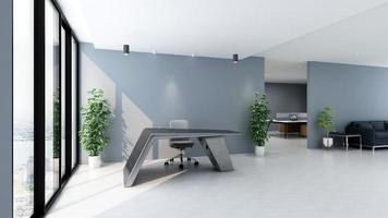 Recepção de escritório de renderização 3D ou sala de recepcionista com interior de design de madeira foto