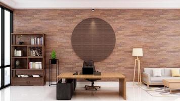 3d renderização sala de gerente de escritório de negócios moderno com interior de design 3d para maquete de logotipo de parede da empresa foto