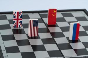 símbolos bandeira da rússia, eua, china e inglaterra no tabuleiro de xadrez. o conceito de jogo político. foto