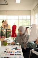 mulheres muçulmanas administram um pequeno negócio em suas próprias casas. é o design e alfaiataria de roupas.