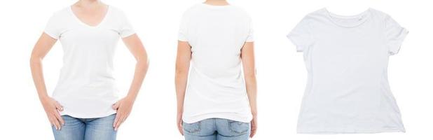 senhora em conjunto de t-shirt - espaço de cópia de vista frontal e traseira, camiseta branca vazia fechar fundo foto