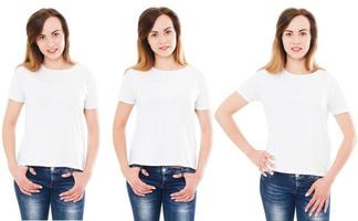 definir três variantes mulher caucasiana em camiseta branca para o designer isolado, camiseta de menina branca, colagem de camiseta foto