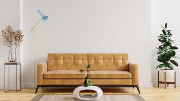interior minimalista moderno com um sofá de couro no fundo da parede branca vazia.