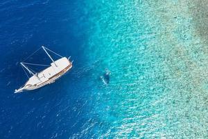 iate ancorado em águas cristalinas azul-turquesa em frente à ilha tropical, estilo de vida recreativo, mergulho com snorkel. vista aérea do iate ancorado na água azul-turquesa, atividade de luxo, excursão às maldivas foto