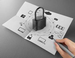 diagrama de rede de nuvem de desenho à mão com cadeado em papel amassado como conceito de negócios on-line de segurança na internet