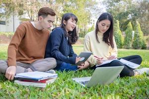 grupo de estudantes universitários asiáticos sentados na grama verde trabalhando e lendo juntos em um parque