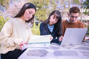 grupo de estudantes universitários asiáticos sentados na grama verde trabalhando e lendo juntos em um parque foto