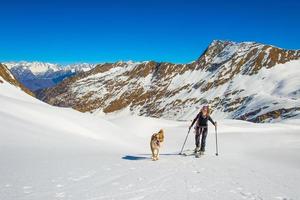 menina faz esqui alpino com cachorro foto