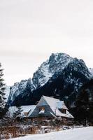 paisagem de inverno de uma casa de madeira em um fundo de montanhas e florestas cobertas de neve. lugar para texto ou publicidade foto