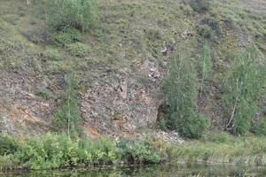 rio e montanha com árvores no campo de estepe foto