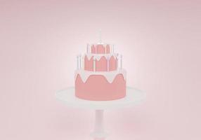 bonito bolo de aniversário 3d renderização cor-de-rosa tridimensional com uma vela, bolo doce para um aniversário surpresa, dia das mães, dia dos namorados em um fundo rosa foto