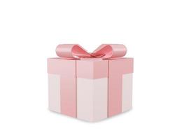 Caixa de presente 3d cor-de-rosa para um presente de aniversário e uma surpresa de feliz aniversário. Ilustração de renderização 3D isolada no fundo branco com traçado de recorte de fita e arco. foto