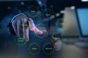 mão de empresário mostra diagrama do conceito de gráfico de sucesso de negócios foto