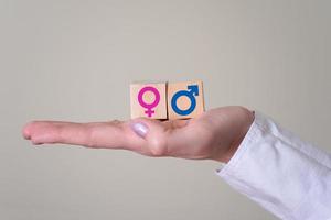 símbolo de gênero em cubos de madeira, mão segurando cubos de madeira com ícones de gênero. foto