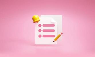 ícone de prazo de lista de verificação de agendamento de lembrete e conceito de planejador de símbolo em renderização 3d de fundo rosa foto