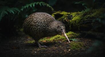 Novo zelândia kiwi pássaro dentro natural floresta habitat com exuberante vegetação e musgoso registro foto