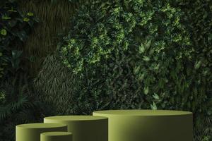 pódio verde abstrato na frente da parede verde, maquete para apresentação de produtos naturais. renderização em 3D foto