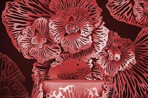 cena vermelha de maquete para apresentação de produtos ou anúncios. plataforma vermelha e fundo abstrato flor. renderização em 3D foto