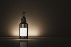 garrafa preta cosmética de conta-gotas de maquete na cena escura e iluminação atrás da garrafa foto