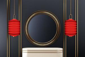 a plataforma branca no estilo de chines de pano de fundo preto, janela de moldura de ouro de círculo de chines e ventilador chinês, lanternas vermelhas penduradas ao redor. fundo abstrato para apresentação de produtos ou anúncios. renderização em 3D