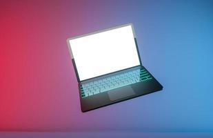 flutuador de laptop de jogos com brilho de teclado de cor led em abstrato. renderização 3D foto