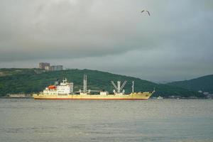 vladivostok, rússia-12 de julho de 2020-seascape com navios no fundo da cidade. foto