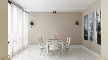 design de interiores moderno da sala de jantar minimalista em maquete de renderização 3d