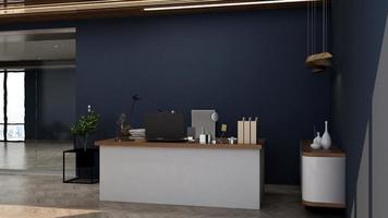sala minimalista de escritório de renderização 3D com interior de design de madeira foto