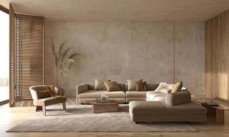 sala de estar de design de estilo japonês interior moderno. iluminação e apartamento escandinavo ensolarado com gesso e madeira. ilustração de renderização 3D. foto