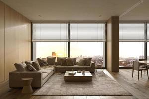 sala de estar de design de interiores moderno de luxo. iluminação e apartamento ensolarado com grandes janelas e vista do pôr do sol. ilustração de renderização 3D. foto