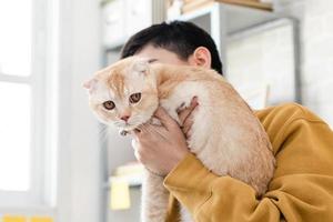 jovem proprietário feminino segurando lindo gato em seus braços foto