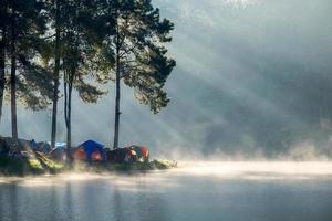 ponto de vista floresta de pinheiros luz solar brilhar no reservatório de nevoeiro de manhã em pang oung foto