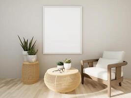 mock up de moldura de cartaz no interior moderno de piso de madeira na sala de estar com algumas árvores isoladas na luz de fundo, renderização 3d, ilustração 3d foto