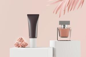 uma maquete de tubo cosmético em branco preto realista isolado em fundo rosa claro com folha e flor, renderização em 3d, ilustração 3d foto