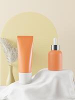 uma maquete de tubo cosmético em branco laranja realista de casal e frasco isolado em fundo claro renderização 3d, ilustração 3d foto