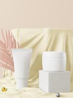 uma maquete de tubo cosmético em branco branco realista de casal e frasco isolado em fundo claro com folha, renderização em 3d, ilustração 3d foto