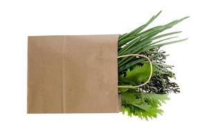 verduras frescas em saco de papel em branco foto