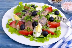 salada de legumes frescos, ovo, conservas de peixe e azeitonas. foto