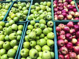 várias frutas sazonais nas prateleiras dos supermercados foto