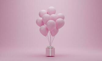 renderização 3D. caixa de presente rosa com balões em fundo pastel com espaço de cópia. conceito mínimo para mulheres felizes, mãe, dia dos namorados, aniversário. foto
