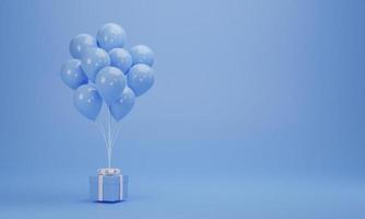 renderização 3D. caixa de presente azul com balões em fundo pastel com espaço de cópia. conceito mínimo. foto