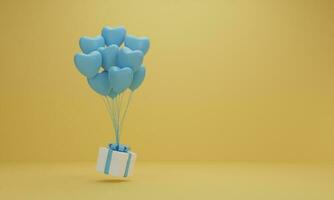 renderização 3D. caixa de presente branca com fita azul e coração de balão em fundo amarelo. conceito mínimo. foto