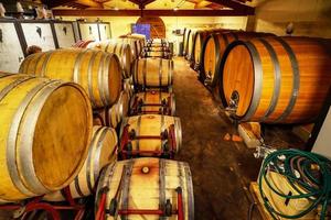 barris de carvalho de vinho no porão de um enólogo italiano. antiga tecnologia de produção de vinho. foto
