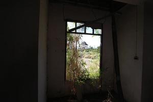kanchanaburi, tailândia 2021 - shopping fantasma, janela coberta de mato do castelo foto