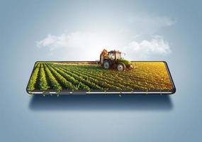 Ilustração 3D do conceito de agricultura inteligente, trator em um smartphone, anúncios de gerenciamento on-line de fazenda, tecnologia de controle agrícola on-line.