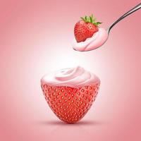 anúncios de iogurte de morango, uma colher de pôster criativo isolado de iogurte de morango cremoso, ilustração 3d de anúncios naturais de morango foto