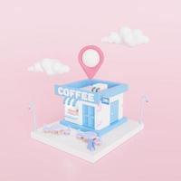 Café mínimo 3D com pino de mapa. ilustração de renderização 3D foto